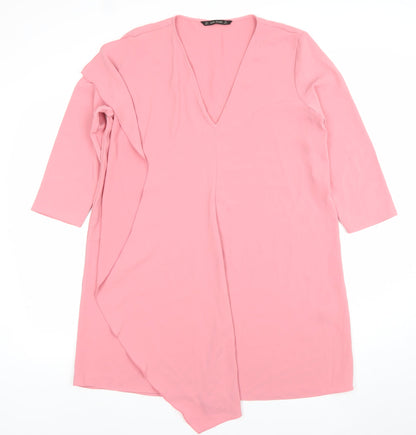 Zara Women Pink V-Neck Shift Dress Size 14 3/4 Sleeve