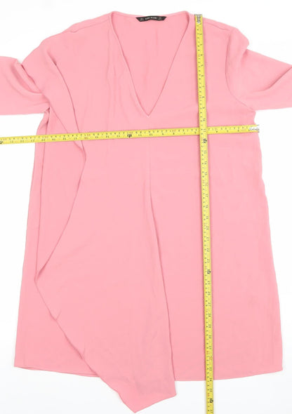 Zara Women Pink V-Neck Shift Dress Size 14 3/4 Sleeve