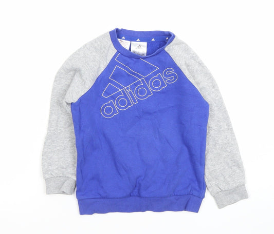 Adidas Boys Blue & Grey Sweatshirt 3-4 Years Crew Neck Logo Cotton Blend