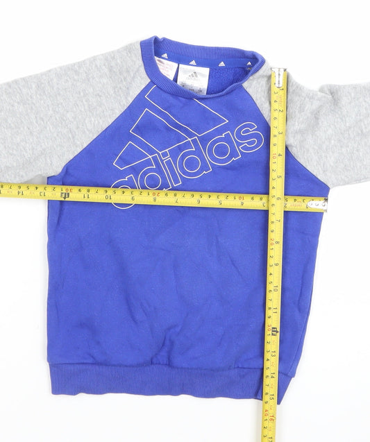 Adidas Boys Blue & Grey Sweatshirt 3-4 Years Crew Neck Logo Cotton Blend
