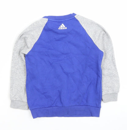 Adidas Boys Blue & Grey Sweatshirt 3-4 Years Crew Neck Logo Cotton Blend