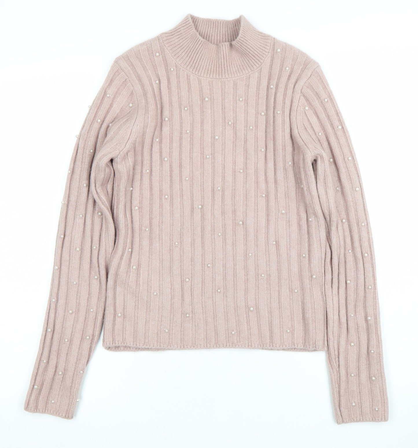 MNG Women's Pink Beaded Mock Neck Ribbed Knit Jumper Size M
