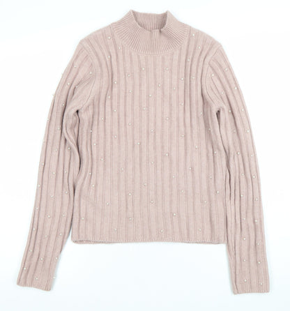 MNG Women's Pink Beaded Mock Neck Ribbed Knit Jumper Size M
