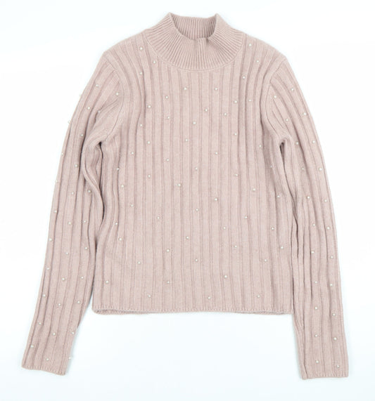 MNG Women's Pink Beaded Mock Neck Ribbed Knit Jumper Size M