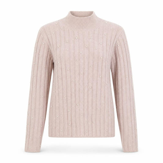 MNG Women's Pink Beaded Mock Neck Ribbed Knit Jumper Size M