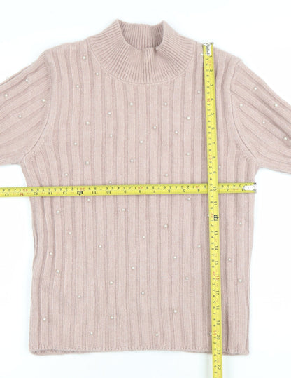 MNG Women's Pink Beaded Mock Neck Ribbed Knit Jumper Size M