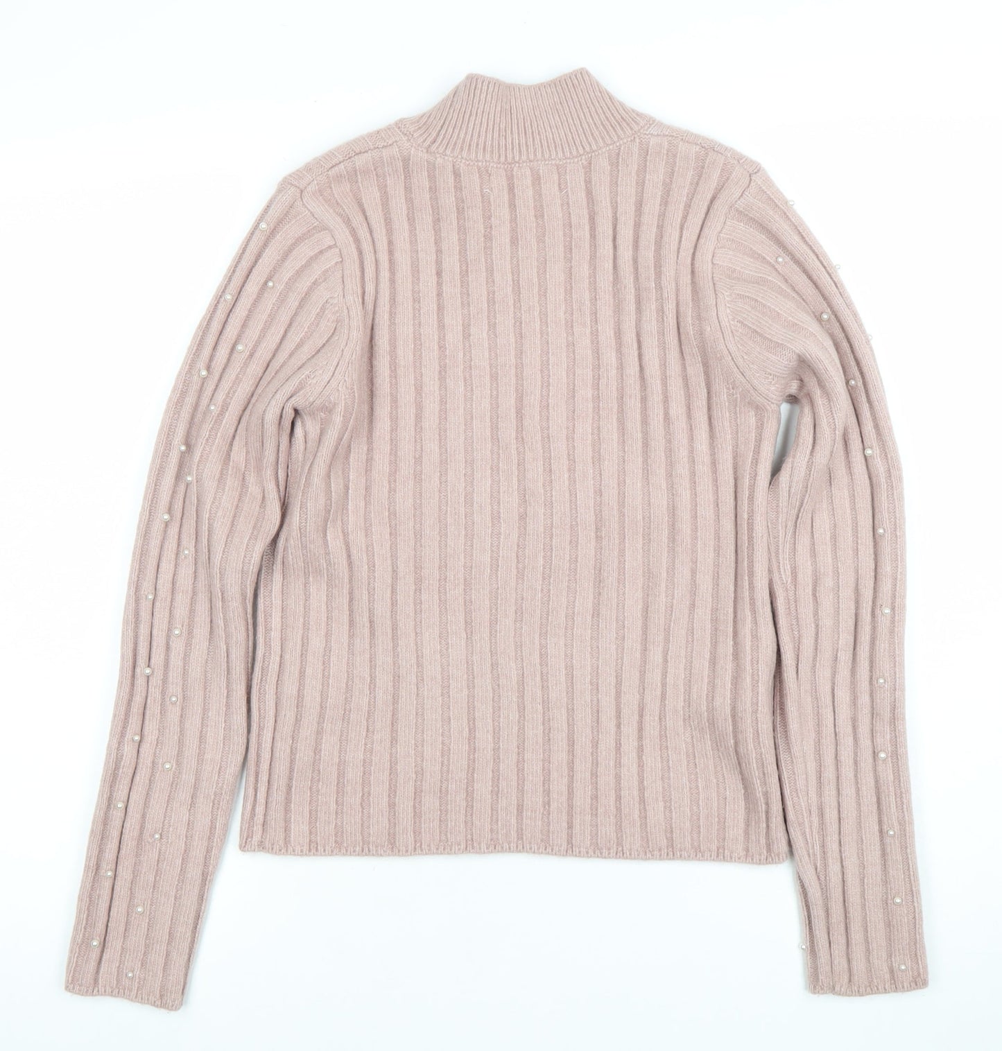 MNG Women's Pink Beaded Mock Neck Ribbed Knit Jumper Size M