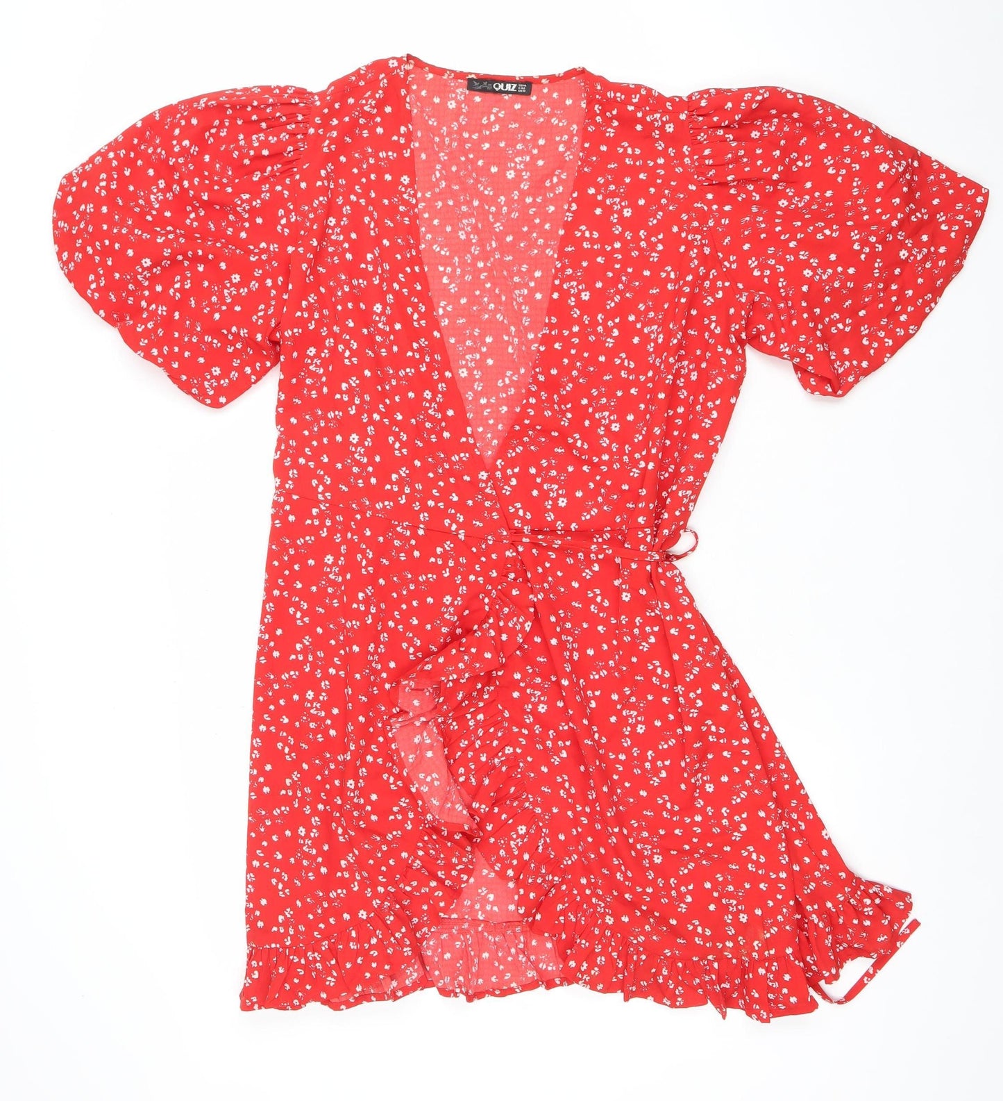 Quiz Women’s Red Floral Short Puff Sleeve Wrap Dress Size 12
