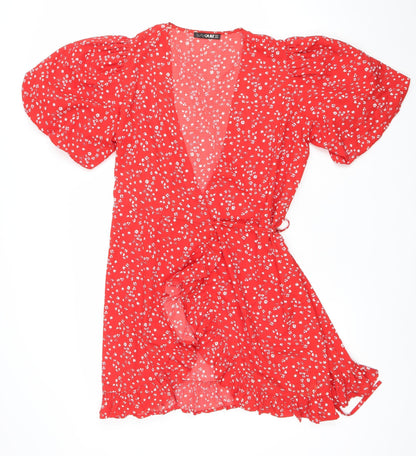 Quiz Women’s Red Floral Short Puff Sleeve Wrap Dress Size 12