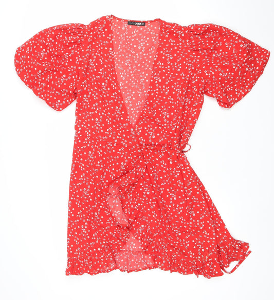 Quiz Women’s Red Floral Short Puff Sleeve Wrap Dress Size 12