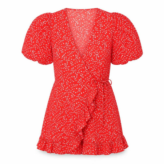 Quiz Women’s Red Floral Short Puff Sleeve Wrap Dress Size 12