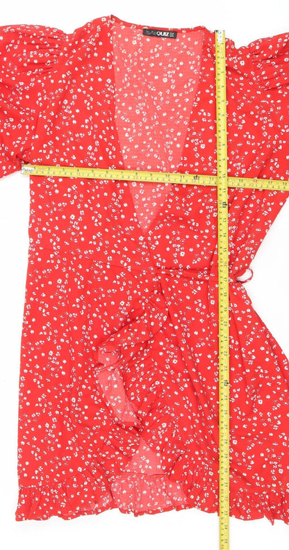 Quiz Women’s Red Floral Short Puff Sleeve Wrap Dress Size 12
