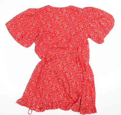 Quiz Women’s Red Floral Short Puff Sleeve Wrap Dress Size 12