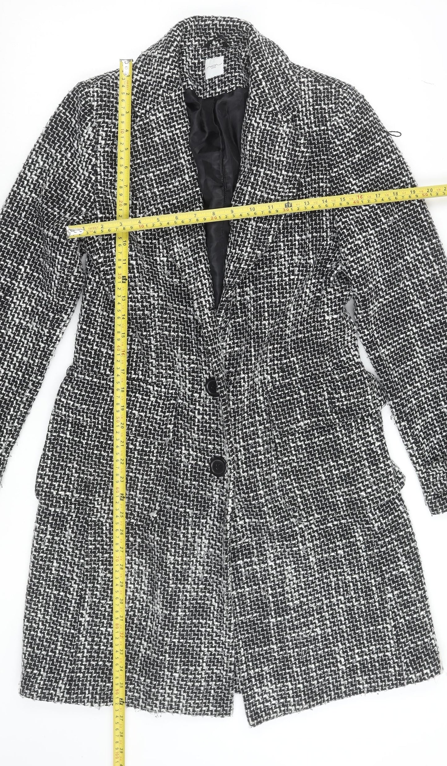 New Look Women’s Black Check Tweed Mid-Length Coat Size 12