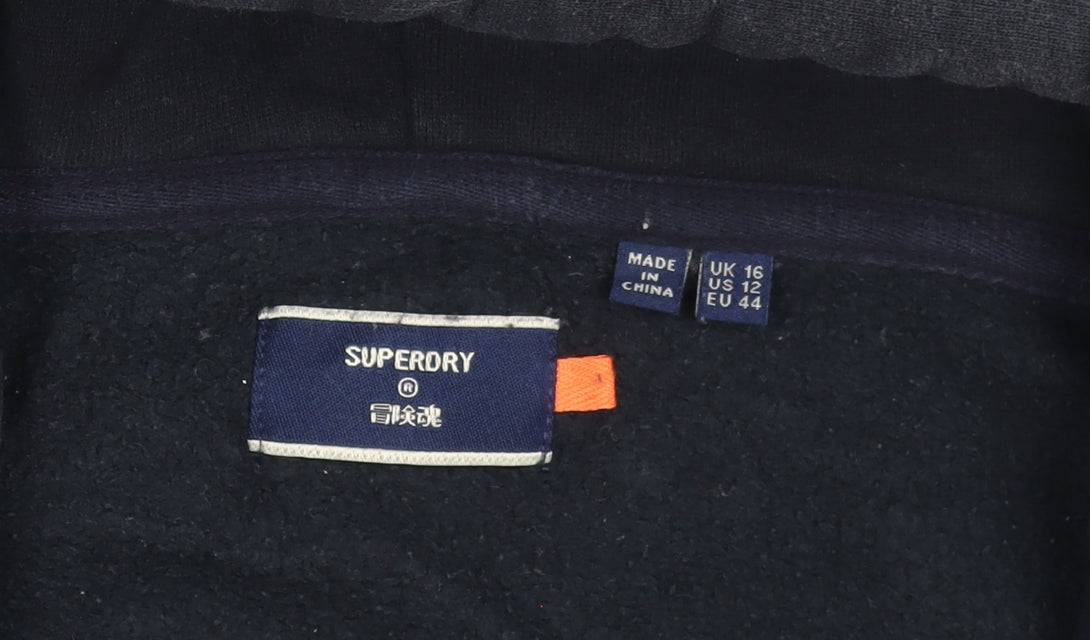 Superdry Women's Black Full Zip Hoodie UK 16 Fleece Lined Casual
