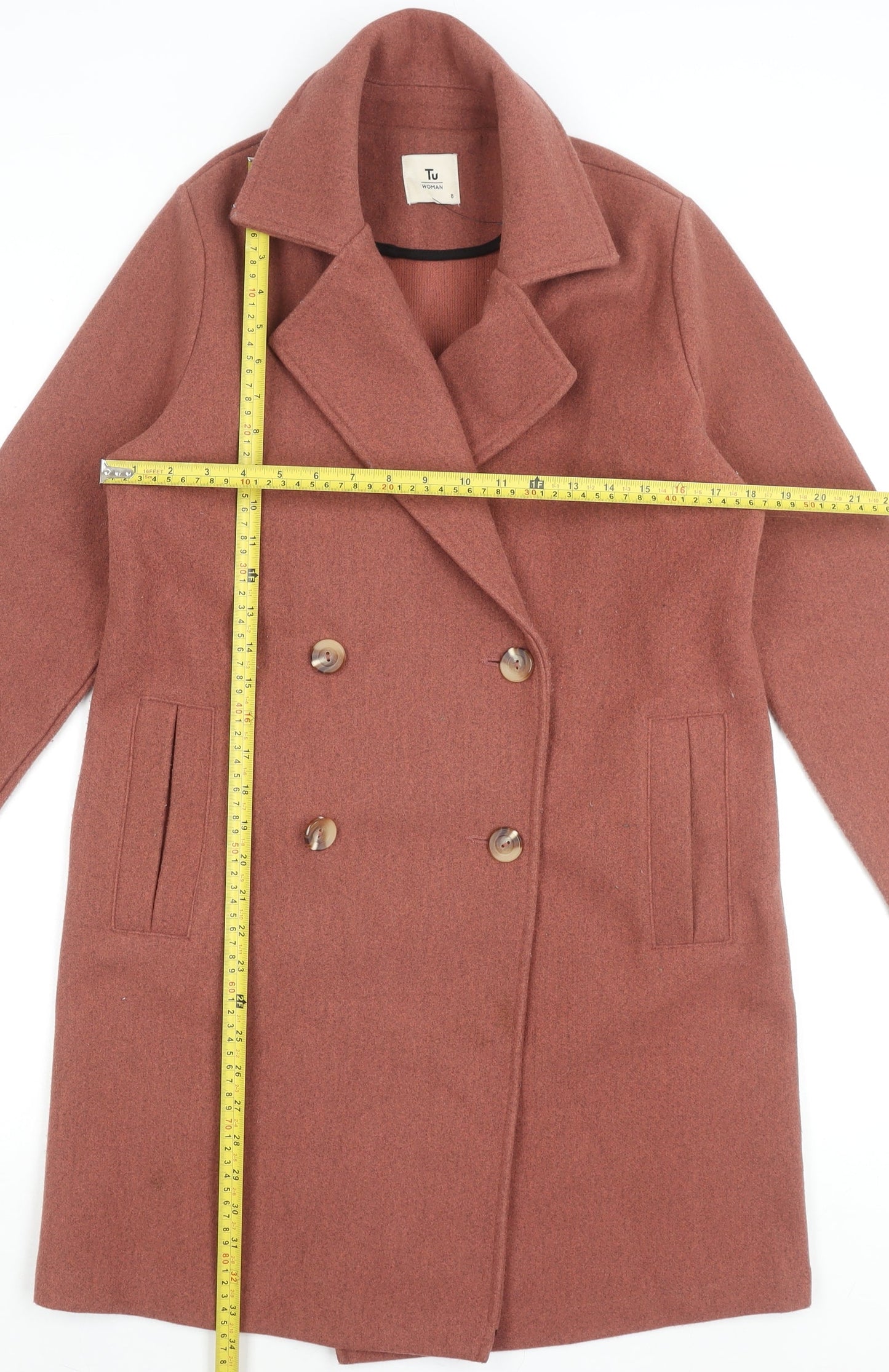 Tu Womens Brown Pea Coat Size 8 Buttoned Mid-Length Wool Style Classic