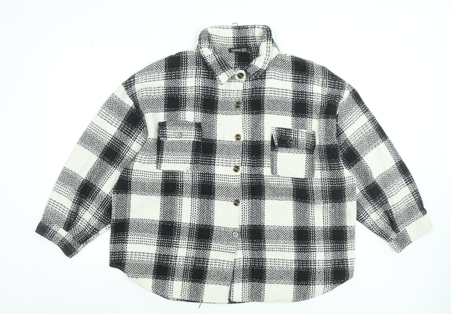 Boohoo Women Black Checked Flannel Button-Up Shirt Size 18