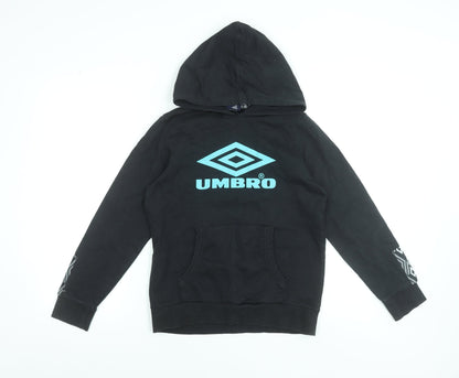 Umbro Boys Black Hoodie 11-12 Years Cotton Pullover Graphic Print
