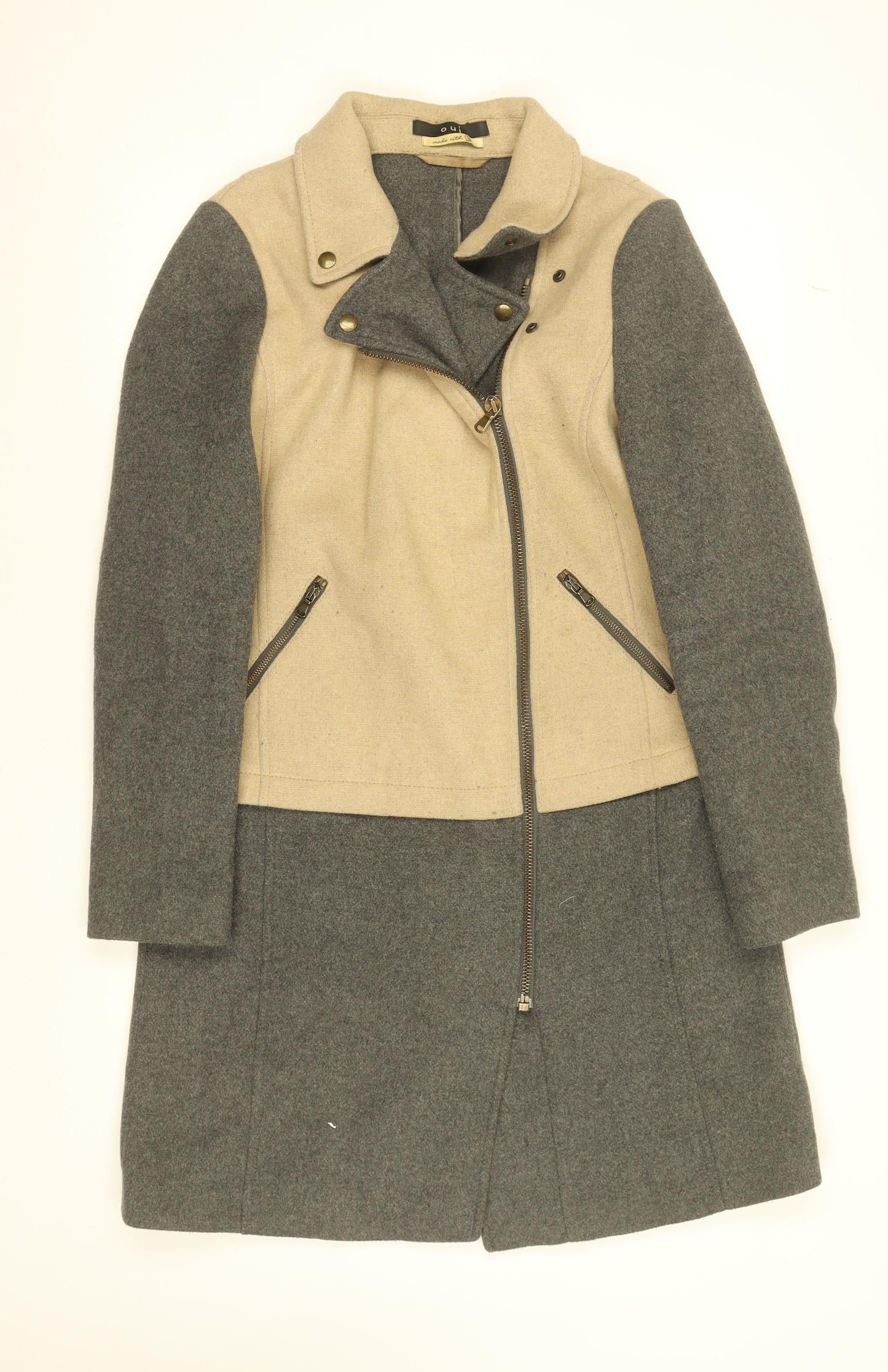 Oui Women’s Beige Grey Wool Blend Biker Coat Size 16
