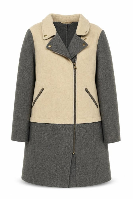Oui Women’s Beige Grey Wool Blend Biker Coat Size 16