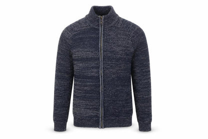 Front view of Mantaray Men’s Blue Cotton Full Zip Chunky Knit Jumper, size S