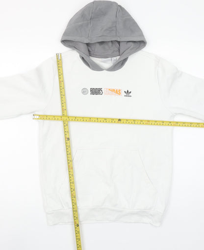 Adidas Boys White & Grey Pullover Hoodie 13-14Y Logo Print Cotton Blend