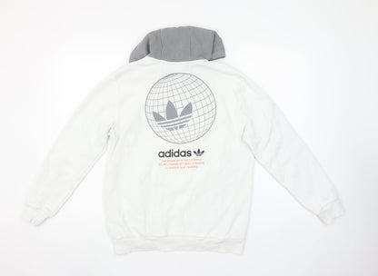 Adidas Boys White & Grey Pullover Hoodie 13-14Y Logo Print Cotton Blend