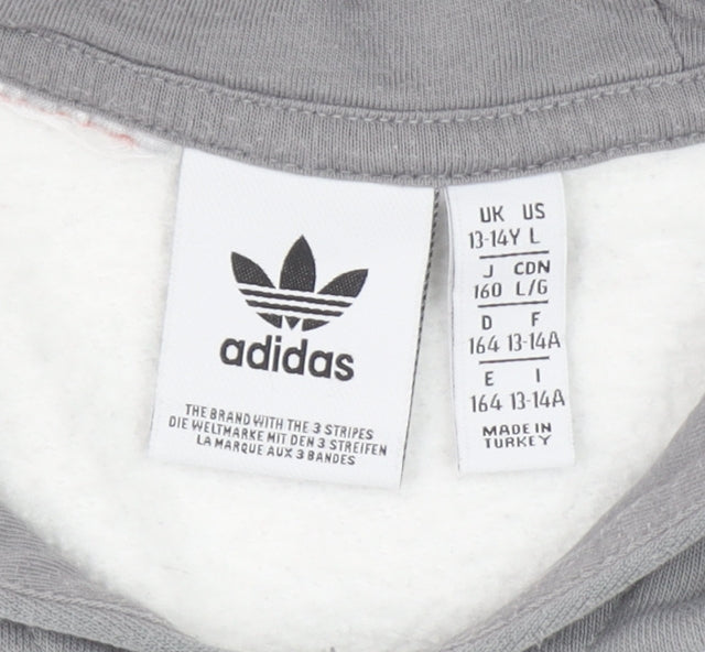 Adidas Boys White & Grey Pullover Hoodie 13-14Y Logo Print Cotton Blend