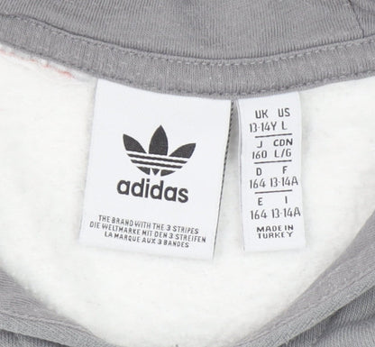 Adidas Boys White & Grey Pullover Hoodie 13-14Y Logo Print Cotton Blend