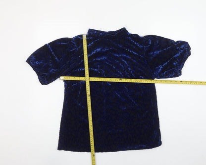 Monsoon Women’s Blue Velvet Animal Print High Neck Blouse Size L