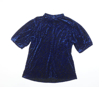 Monsoon Women’s Blue Velvet Animal Print High Neck Blouse Size L