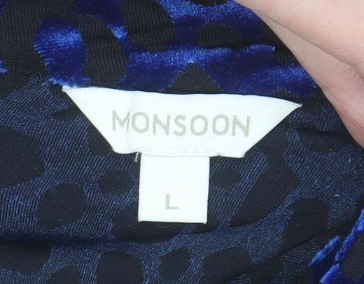 Monsoon Women’s Blue Velvet Animal Print High Neck Blouse Size L