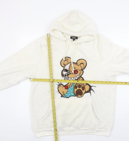 boohooMAN Men's White Fleece Pullover Hoodie M Cartoon Graphic