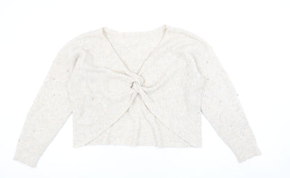 Oasis Womens Beige Beaded V-Neck Twist Front Cardigan L
