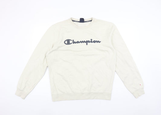 Champion Women Beige Logo Sweatshirt Large Crew Neck Cotton Blend