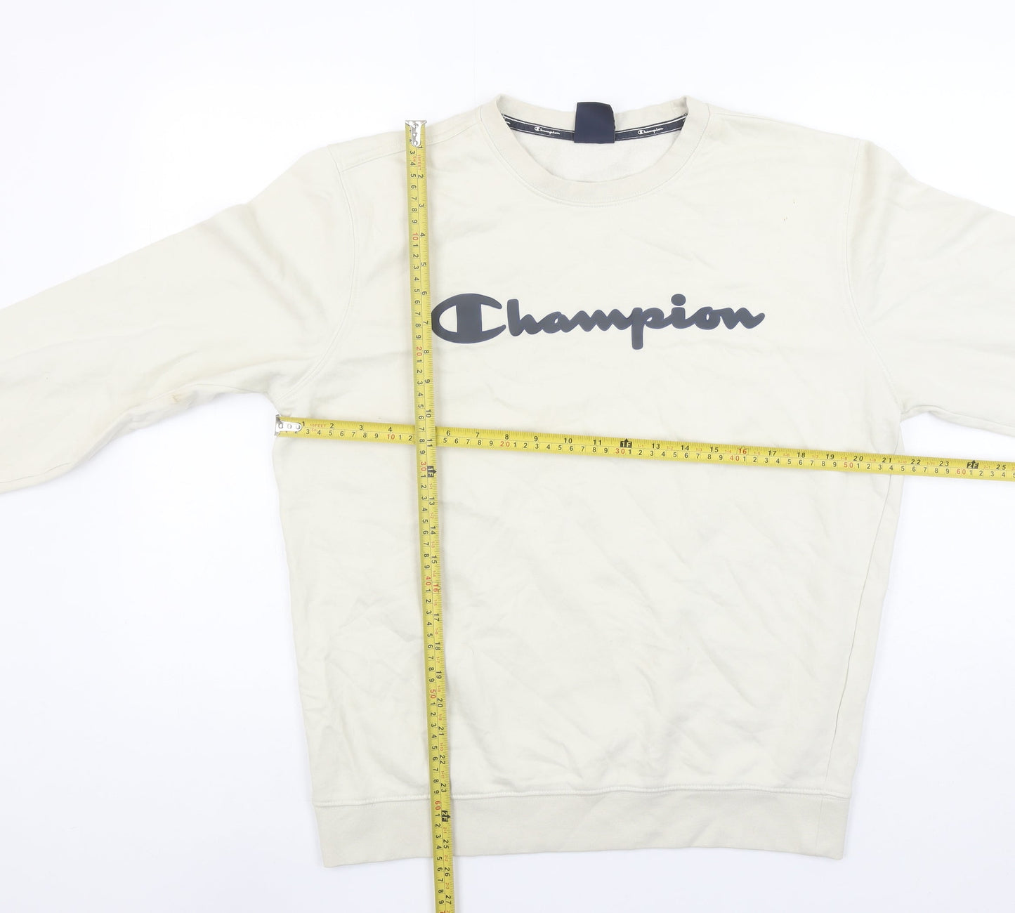 Champion Women Beige Logo Sweatshirt Large Crew Neck Cotton Blend