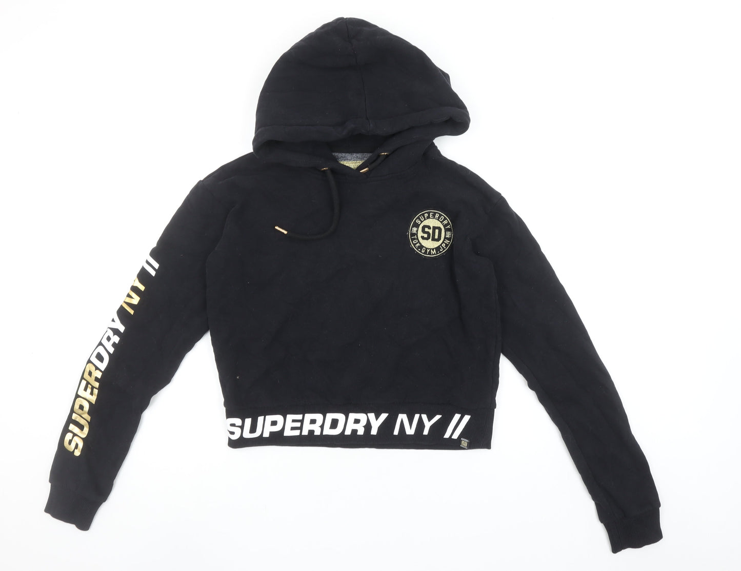 Superdry Women's Black Cropped Hoodie Size 12 Printed Logo Pullover