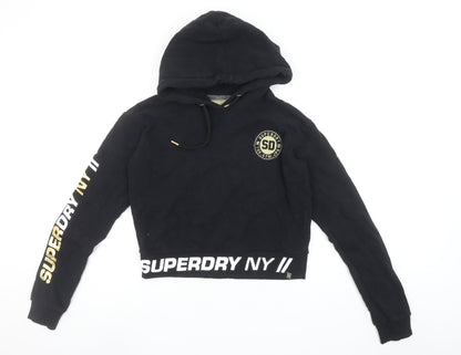 Superdry Women's Black Cropped Hoodie Size 12 Printed Logo Pullover