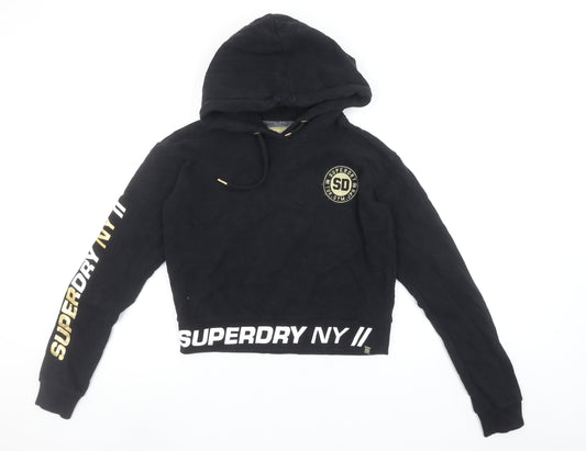 Superdry Women's Black Cropped Hoodie Size 12 Printed Logo Pullover