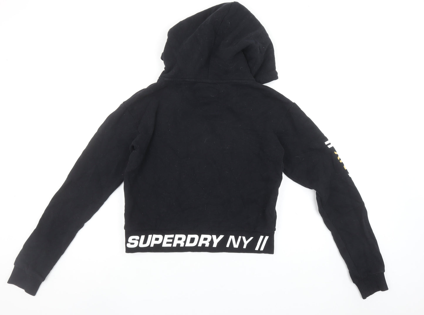 Superdry Women's Black Cropped Hoodie Size 12 Printed Logo Pullover