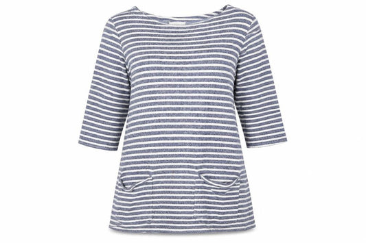 Front view of Linea Weekend Women’s Blue Striped Tunic Top M 3/4 Sleeve Boat Neck