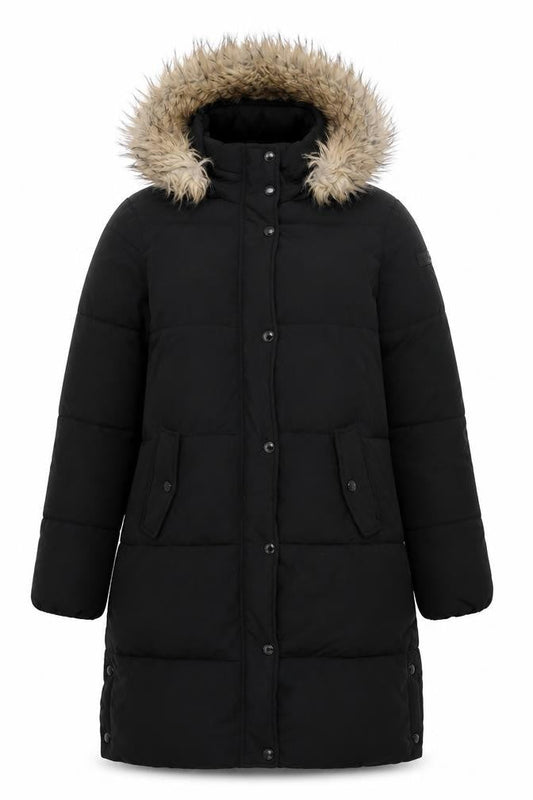 Sam Edelman Women’s Black XS Long Hooded Parka Coat Faux Fur Trim
