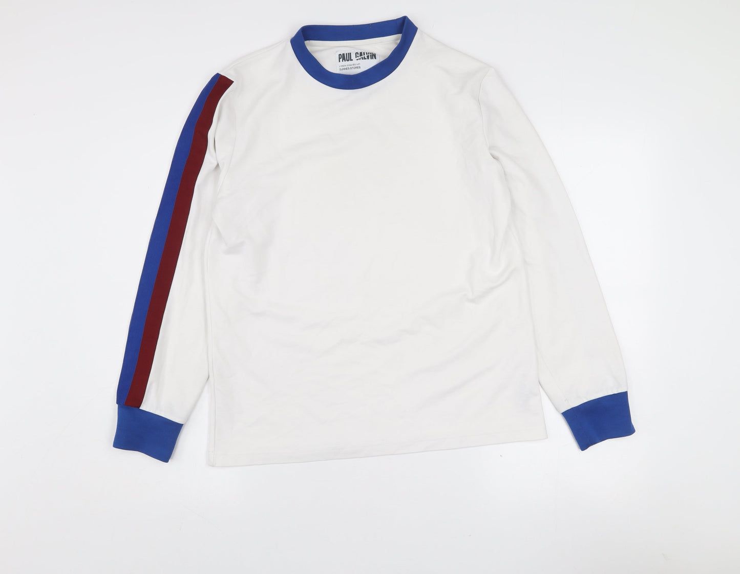 Paul Galvin Men’s White Long Sleeve Retro Colourblock Cotton T-Shirt Size M