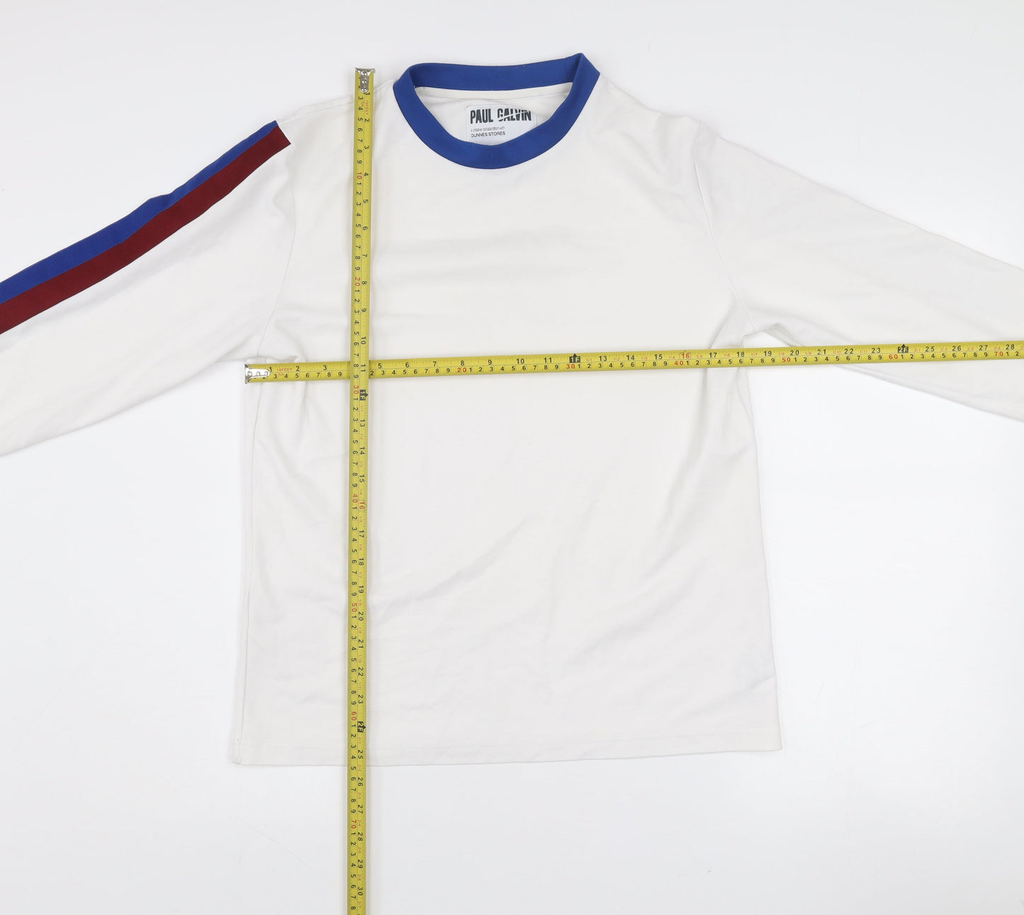 Paul Galvin Men’s White Long Sleeve Retro Colourblock Cotton T-Shirt Size M