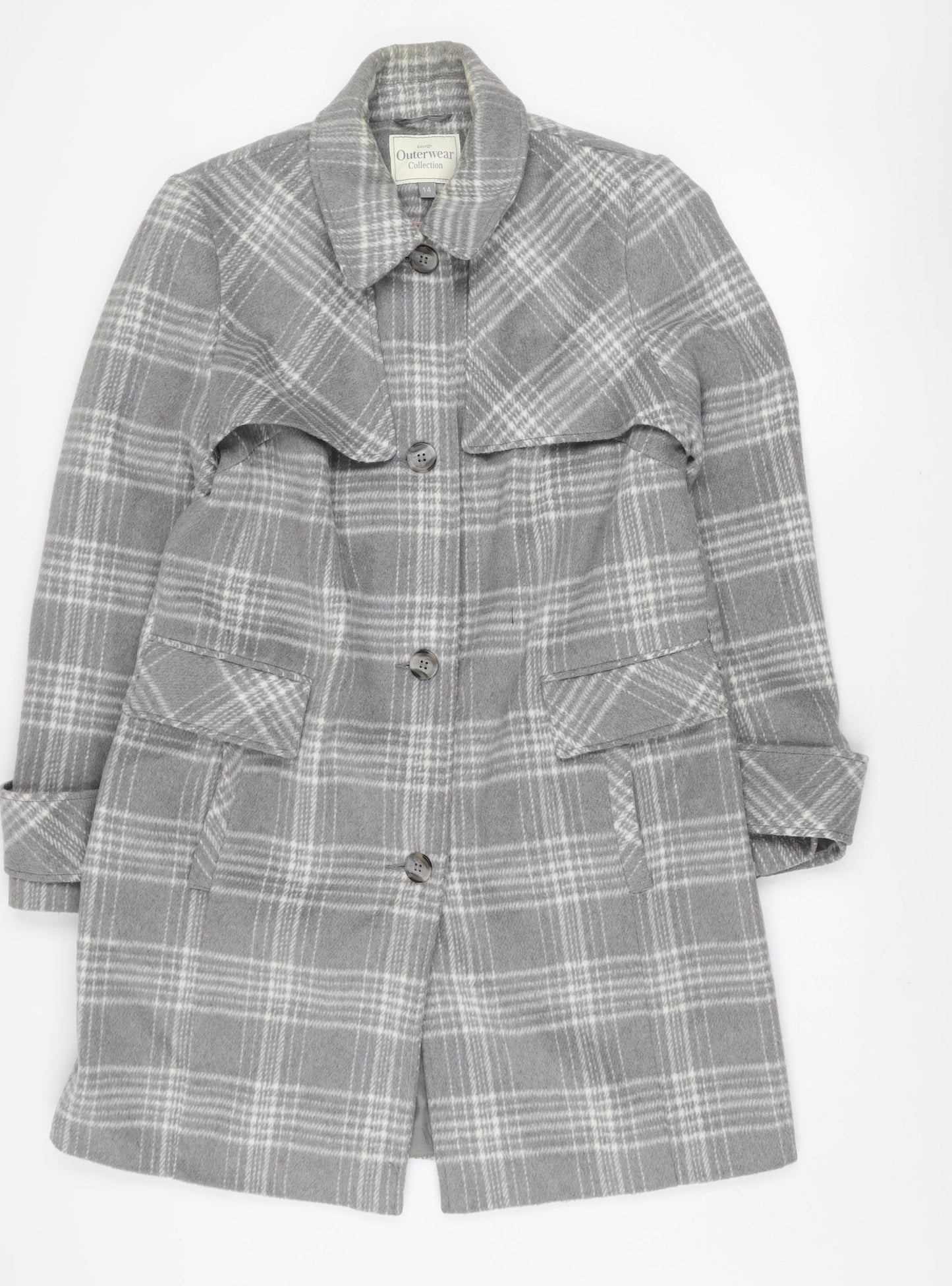 George Women Grey Check Wool Blend Mid-Length Coat Size 14