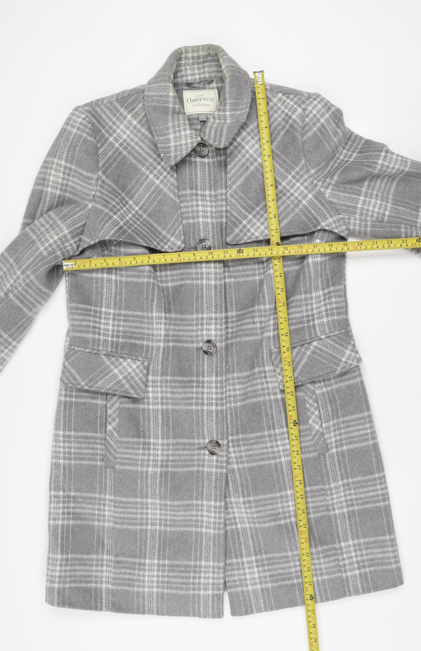 George Women Grey Check Wool Blend Mid-Length Coat Size 14