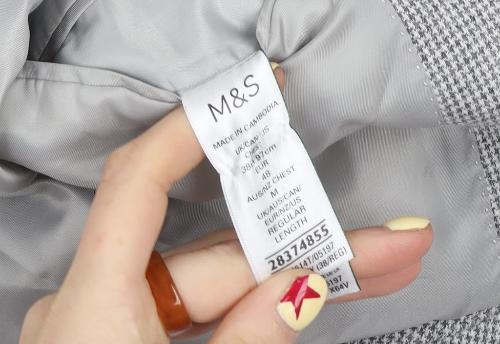 Marks and Spencer Men’s Grey Check Blazer Jacket 38R Cotton Blend