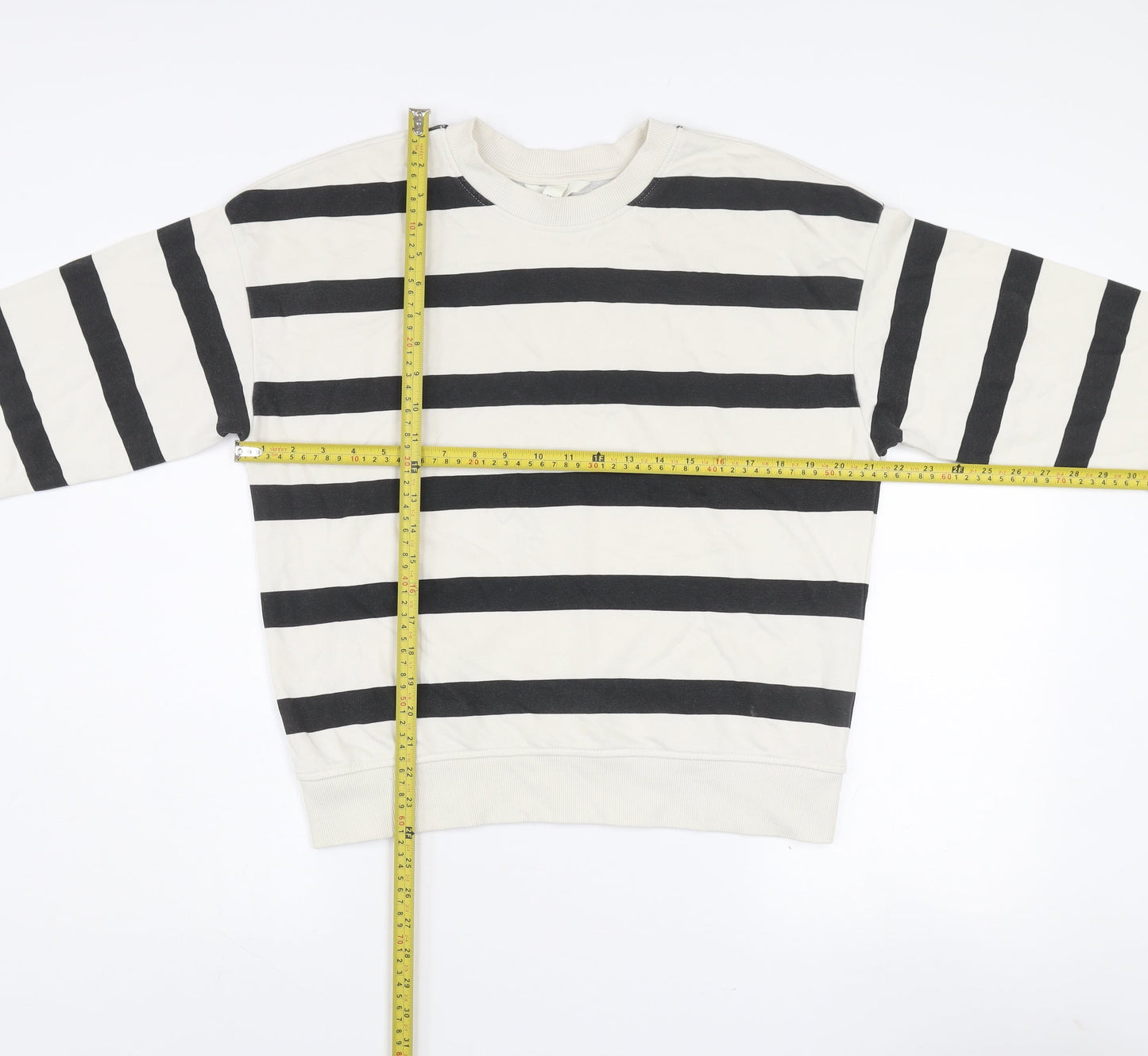 H&M Womens Ivory & Black Striped Pullover Sweatshirt XS Cotton Blend