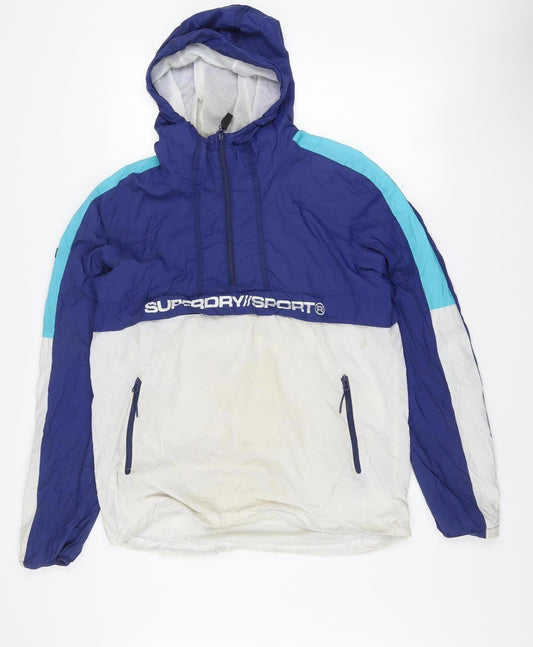 Superdry Men's Blue Windbreaker Jacket Size L Hooded Colourblock Sportswear