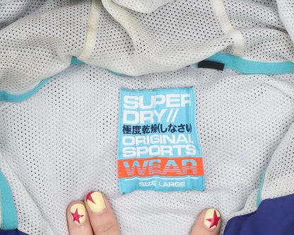 Superdry Men's Blue Windbreaker Jacket Size L Hooded Colourblock Sportswear